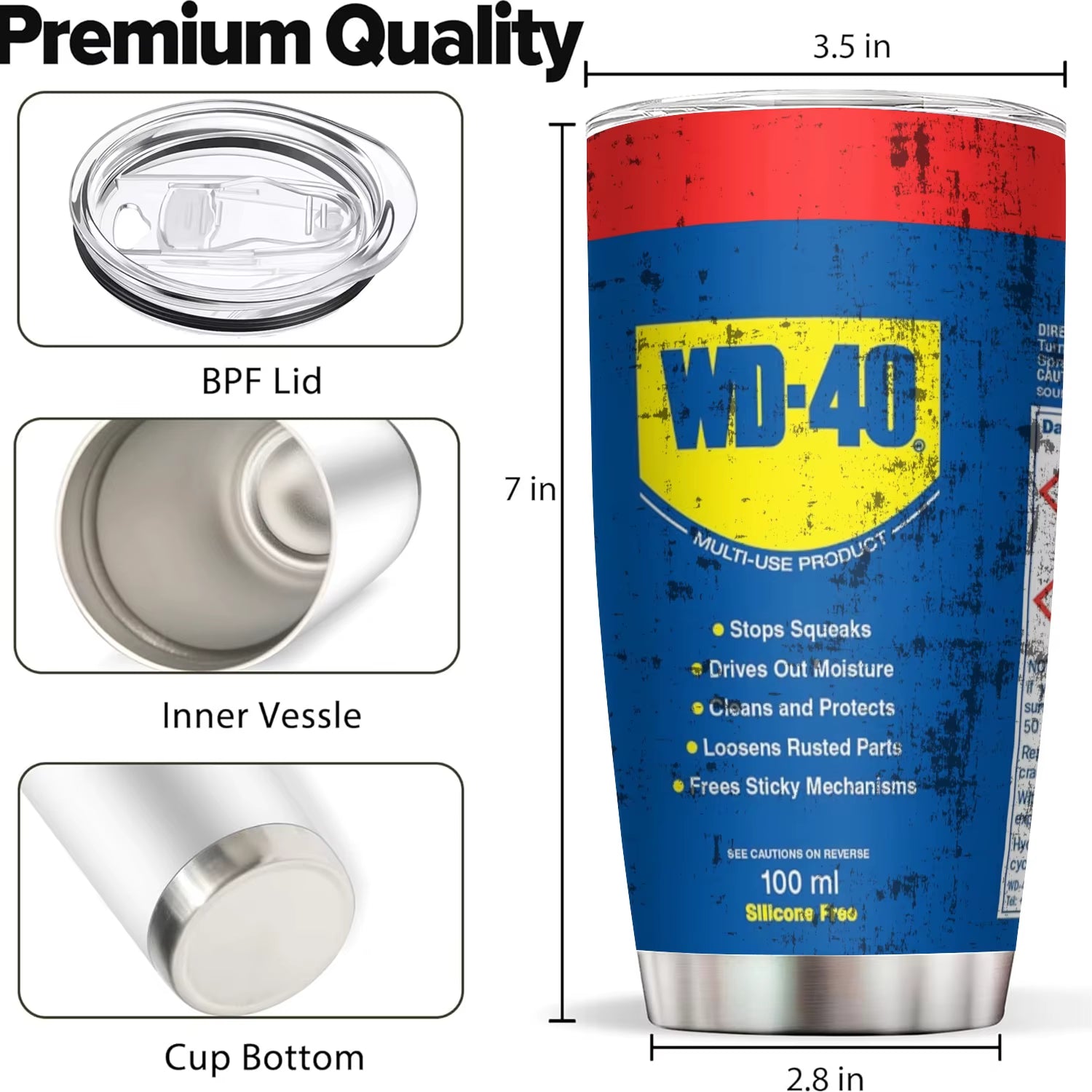 20Oz Stainless Steel Insulated Tumbler WD40 Engine Oil Filter Print Double Walled with Straw and Lid Keep Cold Hot Drink Car Cup